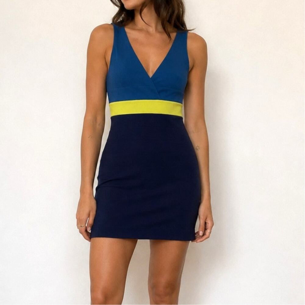 Vintage Y2k Express Colorblock Bodycon Bandage Mini Dress Blue size-XS